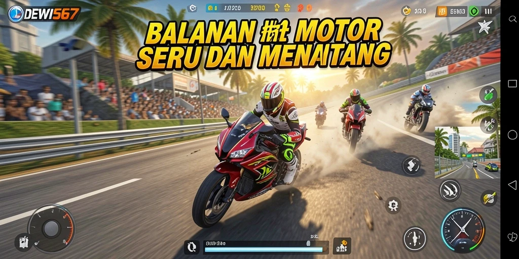 Screenshot gameplay DEWI567 menampilkan balapan motor yang mendebarkan.