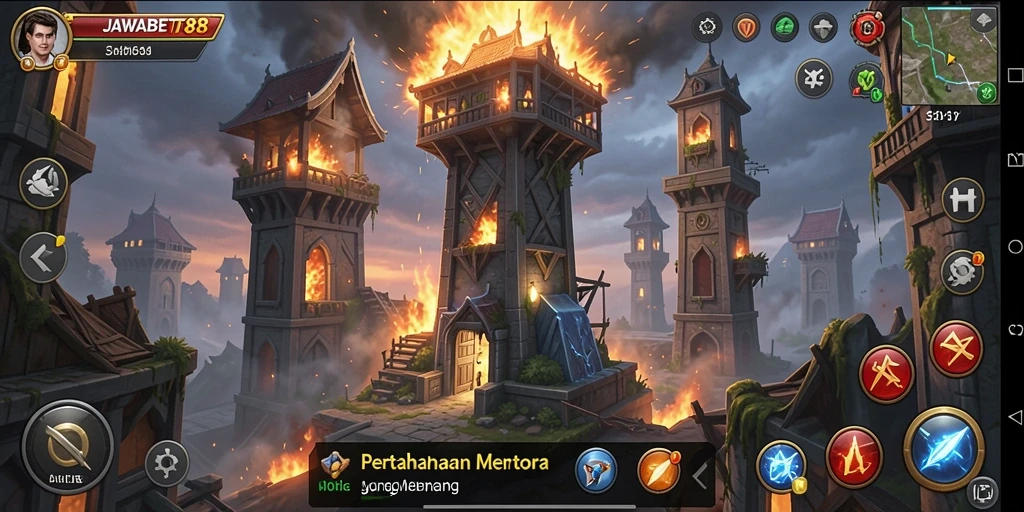 Screenshot utama menampilkan gameplay intens dari JAWABET88 Tower Defense.