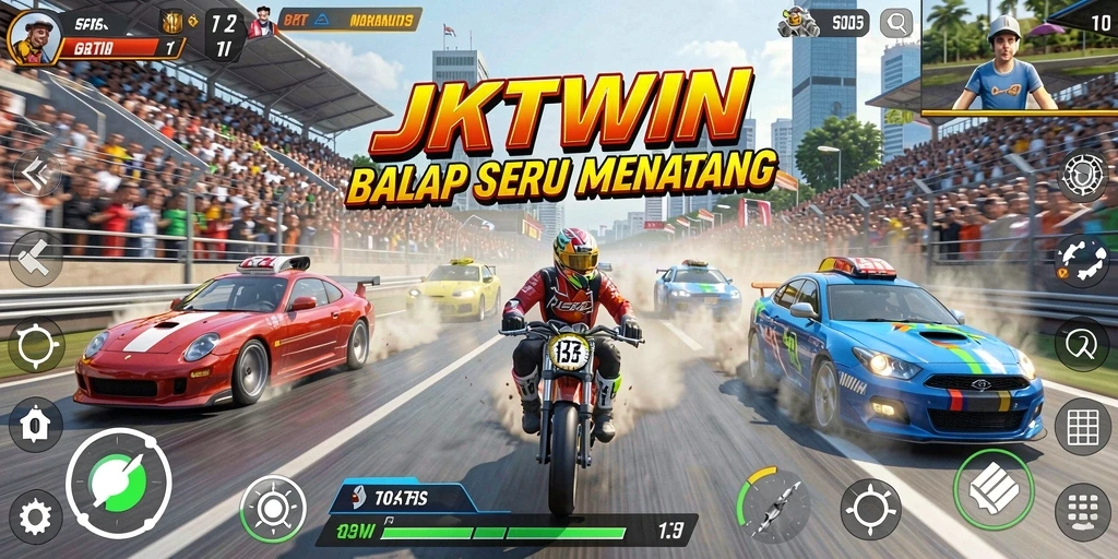 Tampilan gameplay JKTWIN yang penuh dengan aksi balap cepat.
