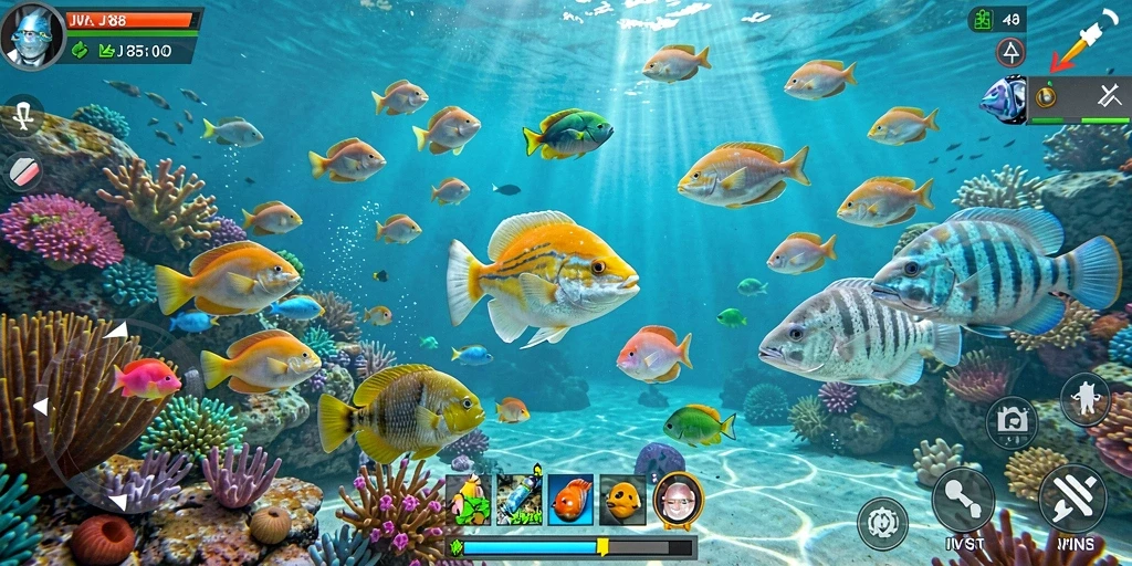 Tampilan gameplay seru dari JV88 saat menembak ikan.