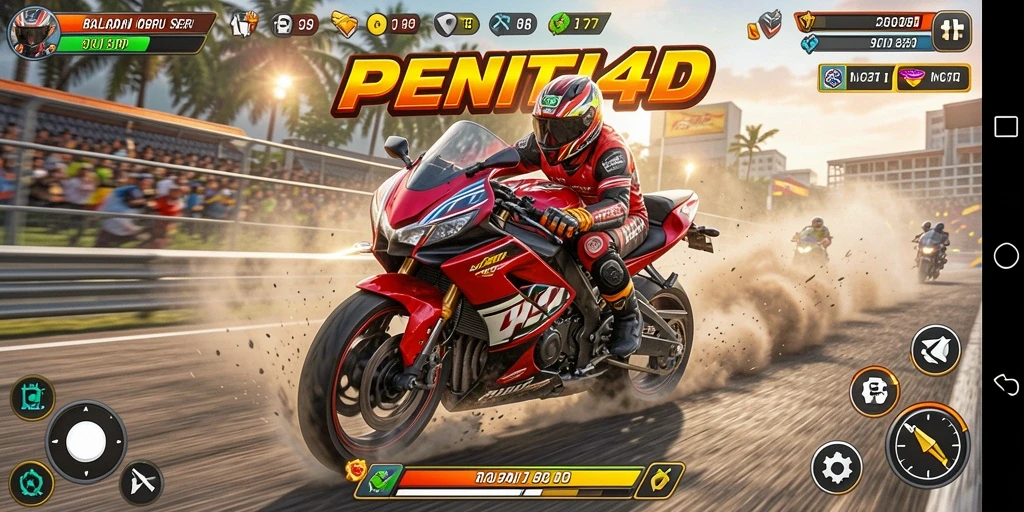 Screenshot gameplay PENITI4D menampilkan aksi balapan motor yang mendebarkan.